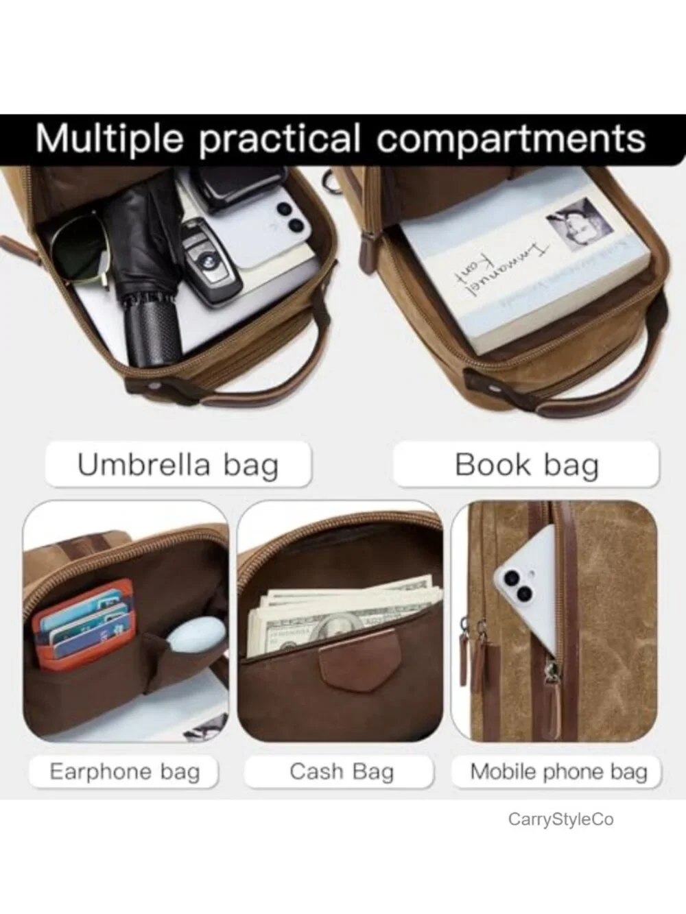 Large Waxed Canvas Messenger Crossbody Bag with PU Leather - Waterproof Travel